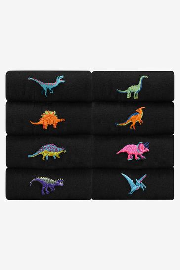 Black Bright Dinosaurs Fun Black Embroidered Socks 8 Pack