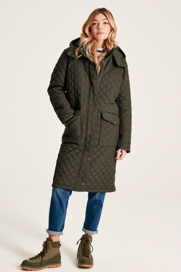 Joules Chatsworth Green Showerproof Long Diamond Quilted Coat With Hood