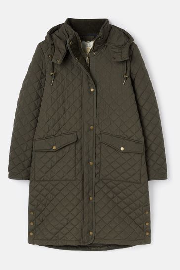 Joules Chatsworth Green Showerproof Long Diamond Quilted Coat With Hood