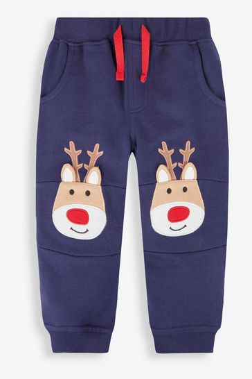 JoJo Maman Bébé Navy Blue Reindeer Reindeer Appliqué Knee Joggers