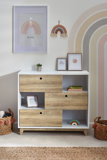 White/Wood Effect Parker Kids Nursery 3 Drawer Chest of Drawers