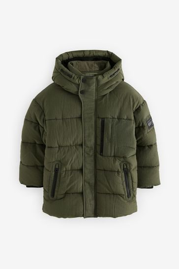 Khaki Green Utility Fleece Lined Hooded Padded Puffer Coat 3 16yrs