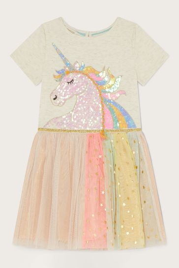 Monsoon Natural Disco Unicorn Rainbow Short Sleeve Dress