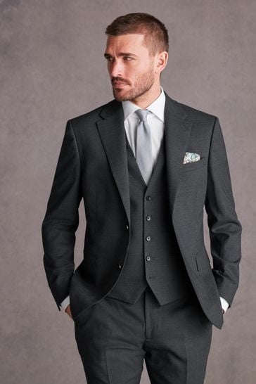 Charcoal Grey Slim Fit Signature Tollegno Suit: Jacket