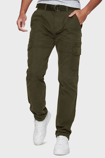 Threadbare Green Cotton Blend Belted Cargo Trousers