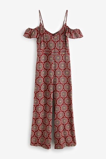 Red cold shoulder jumpsuit hotsell