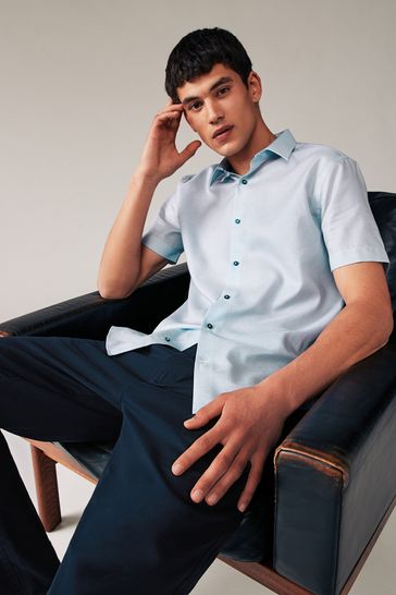 White/Blue Geometric Regular Fit Printed Short Sleeve Shirt