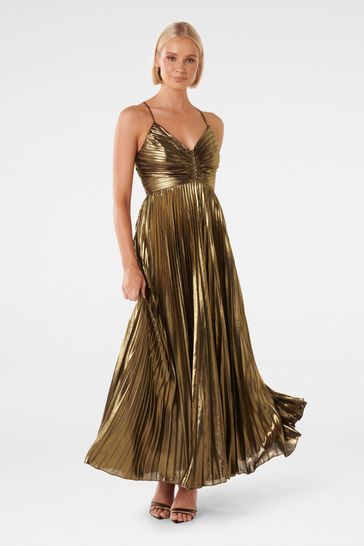 Forever New Gold Gabriella Metallic Pleated Maxi Dress
