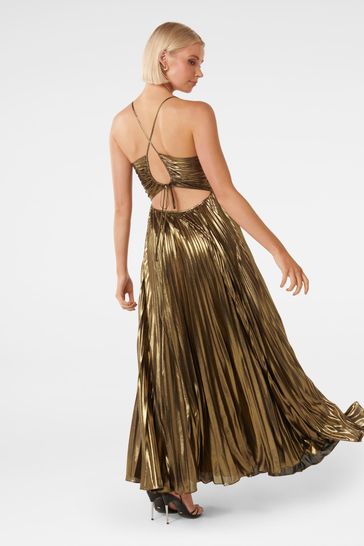 Forever New Gold Gabriella Metallic Pleated Maxi Dress