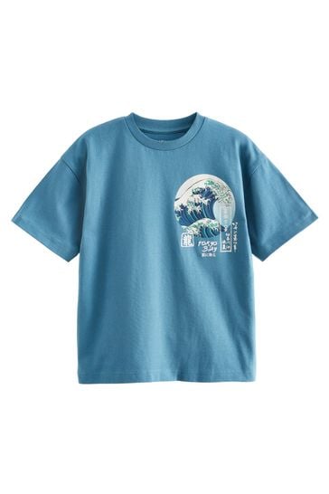 Camiseta verde azulado con estampado gráfico de ola en la espalda de corte holgado y manga corta (3-16 años)