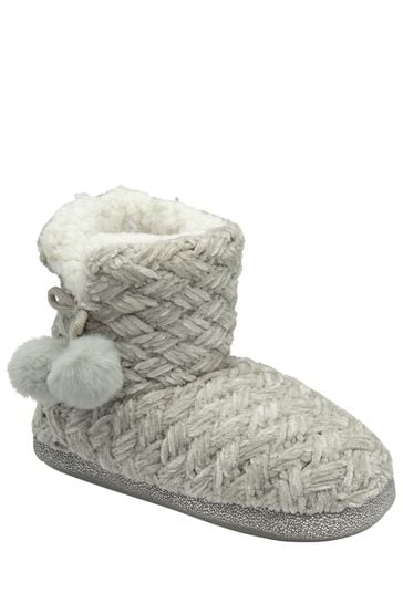 Dunlop Grey Ladies Knitted Bootee Slippers
