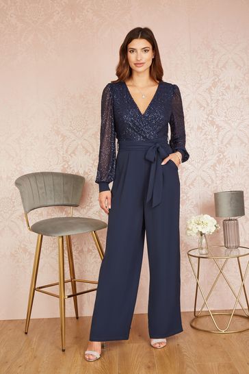 Yumi Blue Sequin Jumpsuit With Long Sleeves