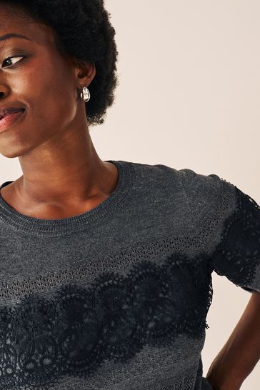 Grey Lace Detail Round Neck Jumper