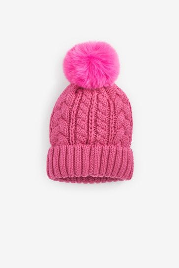 Bright Pink Cable Knit Pom Pom Beanie Hat (3mths-16yrs)