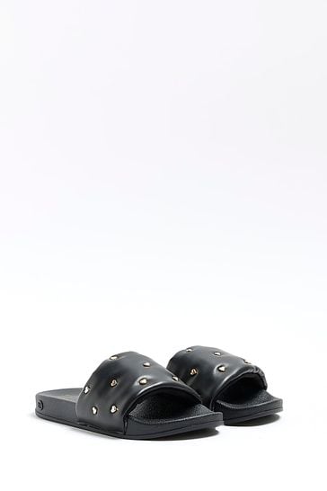 River Island Black Girls Heart Quilt Sliders