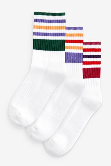 Multi Stripes Cushion Sole Ribbed Sport Ankle Socks 3 Pack With Arch Support