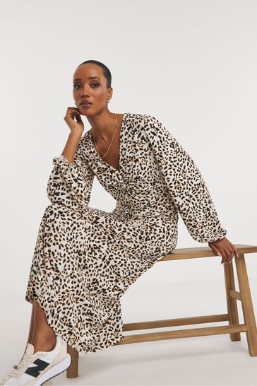 Buy JD Williams Cream Animal Print Jersey Twist Knot V Neck Midi
