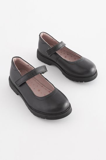 Black Wide Fit (G) School Leather Chunky Mary Jane Shoes