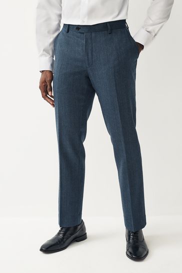 Blue Tailored Wool Blend Herringbone Suit Trousers