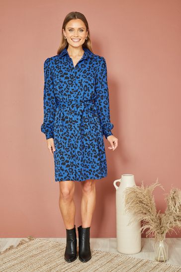 Mela Blue Animal Print Long Sleeve Shirt Dress