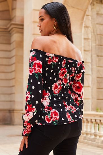 Black floral sales bardot top