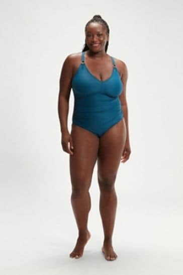 Speedo Womens Blue Shaping V-Neck 1 Piece Swimsuit