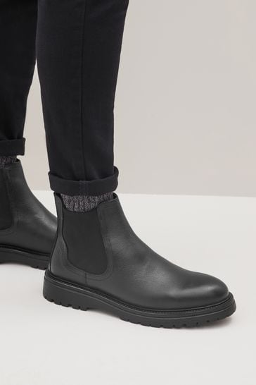 Black Chunky Leather Chelsea Boots