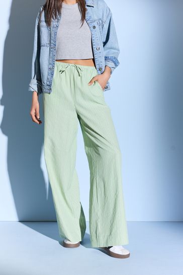 Green Textured Stripe Wide Leg Trousers