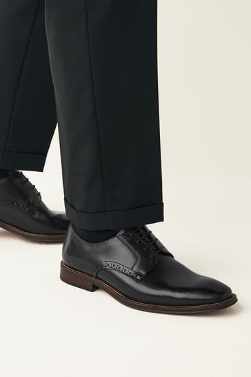 Black Regular Fit Leather Contrast Sole Derby Shoes