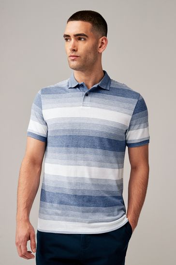 Blue Textured Marl Striped Polo Shirt
