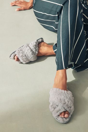 Faux fur cross slider slippers on sale