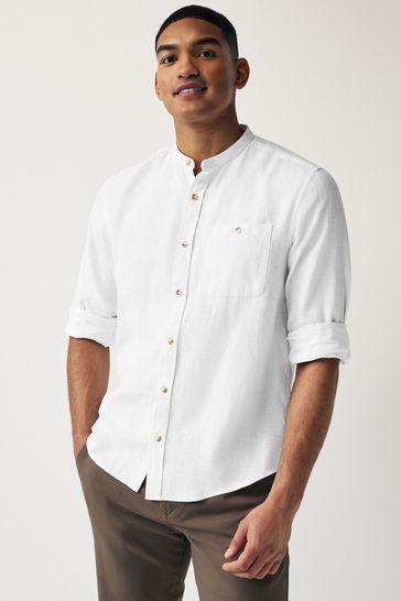 White Grandad Collar Linen Blend Long Sleeve Shirt