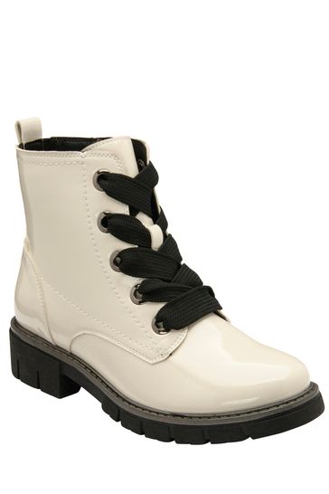 Lotus White Patent Lace-Up Ankle Boots