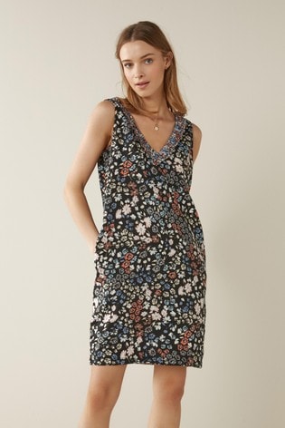 Black Tropical Print Linen Mix Ruffle Summer Dress