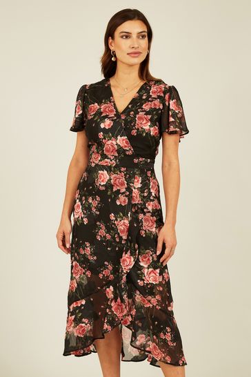 Black patterned wrap best sale dress