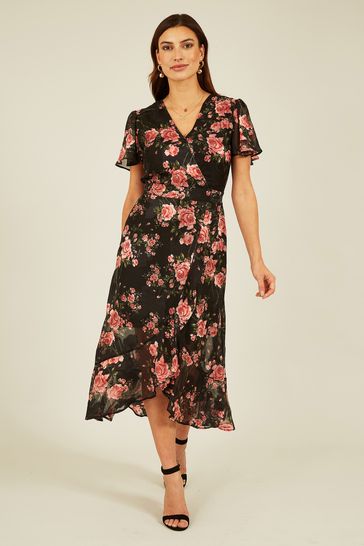Buy Mela Black Rose Print Midi Wrap Dress from Next Luxembourg