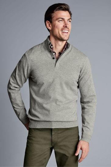 Charles Tyrwhitt Green Merino/cashmere Button Neck Jumper