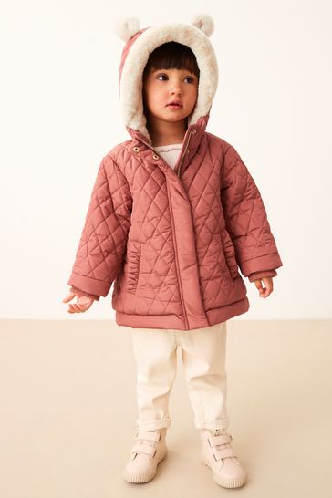 Rust Brown Shower Resistant Faux Fur Hood Trim Coat 3mths 7yrs