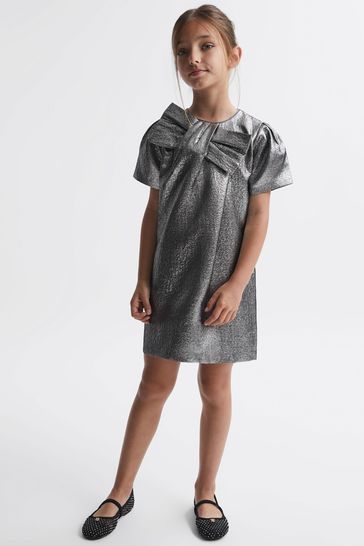 Reiss Silver Franny Junior Metallic Bow Dress
