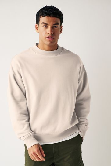 Ecru/White Oversized Jersey Cotton Rich Crew Sweatshirt