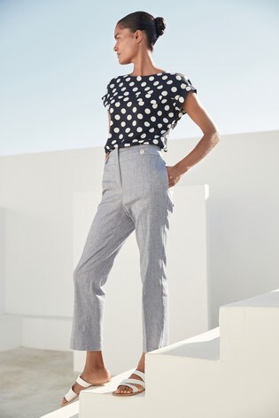 Linen Mix High Waisted Taper Trousers 