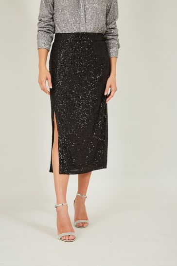 Yumi Black Sequin Fitted Skirt With Front Slit