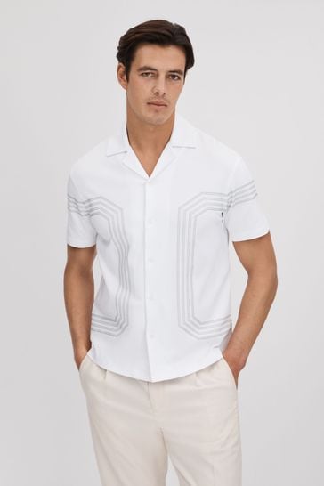 Reiss White/Sage Arlington Mercerised Cotton Embroidered Shirt