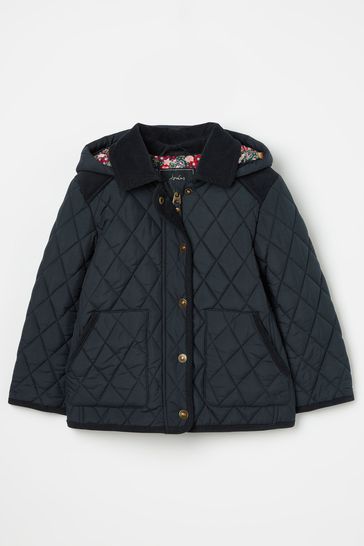 Joules Marsdale Navy Diamond Quilted Coat With Hood