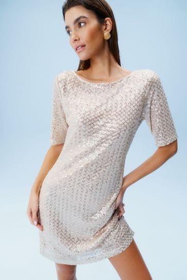 Cream Short Sleeve Sequin Dress