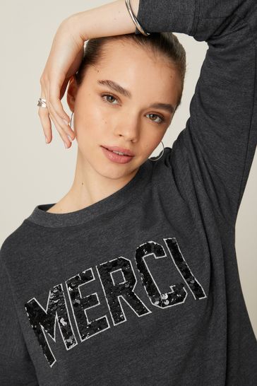 Buy Charcoal Grey Marl Graphic Sequin Merci Sweatshirt from Next