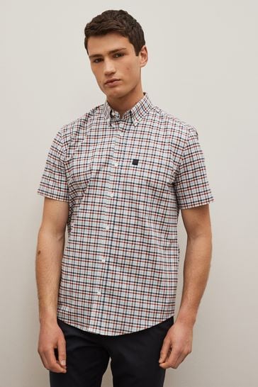 White/Blue/Red Short Sleeve Gingham Stretch Oxford Shirt