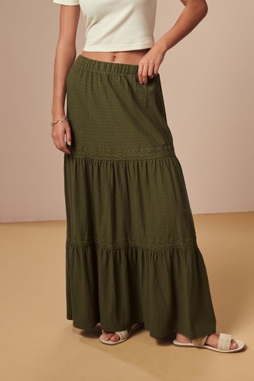 Khaki Green Textured 100 Cotton Maxi Skirt With Crochet Trim