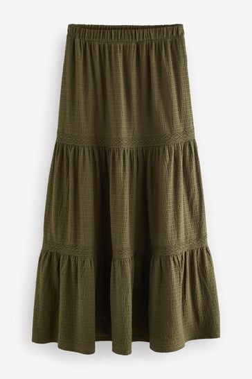 Khaki Green Textured 100 Cotton Maxi Skirt With Crochet Trim