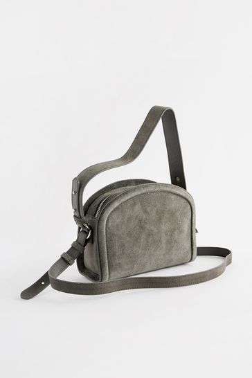 Grey Leather Suede Dome Cross-Body Bag